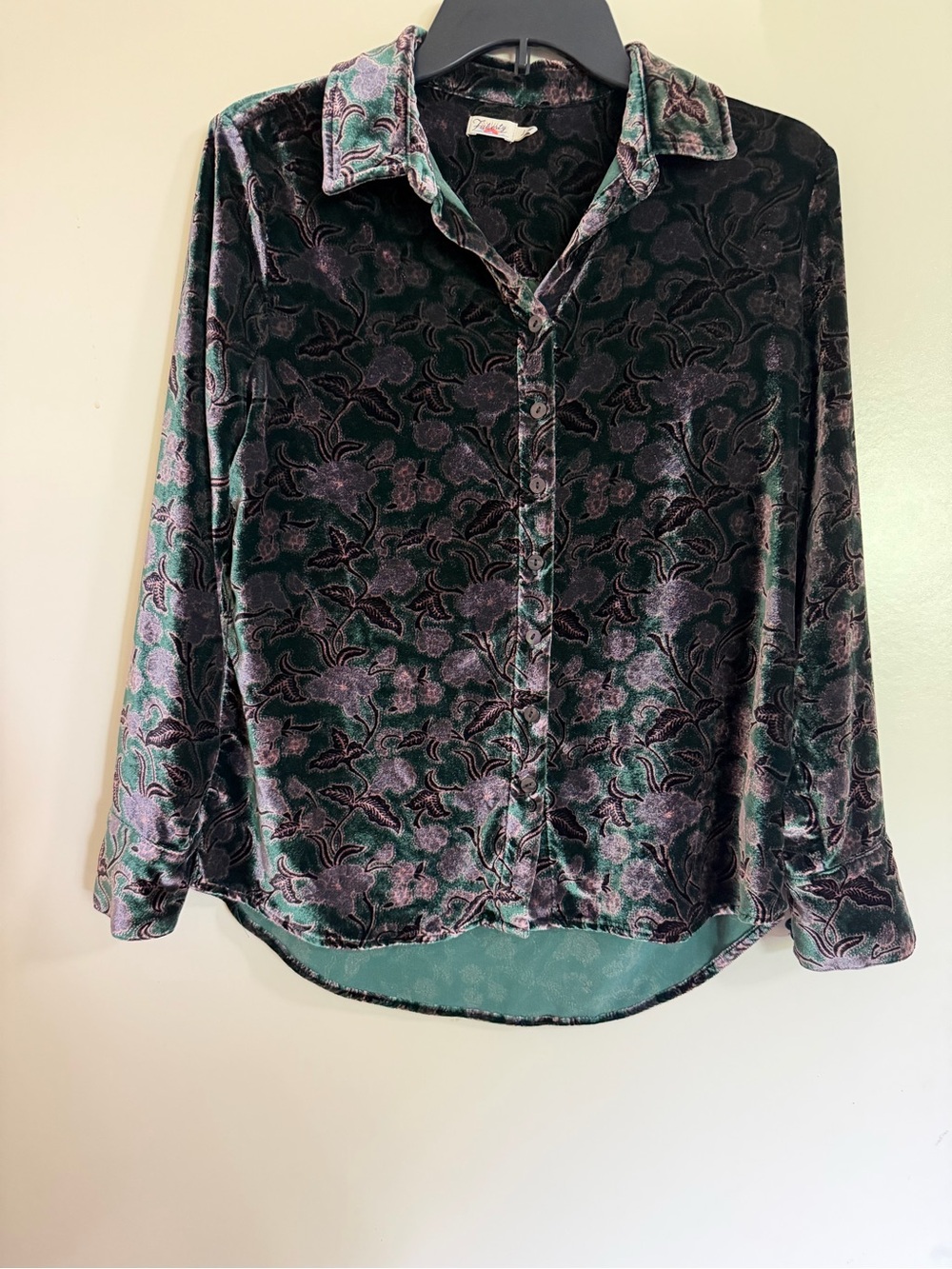 Faherty Velvety Velour Stretch Button Up  Blouse Top Women Genevieve Floral Sz S